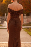 Coffee Off the Shoulder Sheath Ruched Maxi Formal Dress