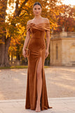 Brown Sheath Velvet Off the Shoulder Long Formal Dress with Slit
