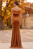 Brown Sheath Velvet Off the Shoulder Long Formal Dress with Slit