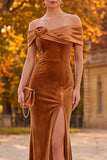 Brown Sheath Velvet Off the Shoulder Long Formal Dress with Slit