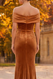 Brown Sheath Velvet Off the Shoulder Long Formal Dress with Slit