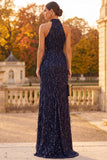 Navy Sheath Halter Fringed Sequins Maxi Formal Dress