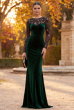 Dark Green Mermaid Velvet Illusion Neck Long Sleeves Maxi Formal Dress with Lace