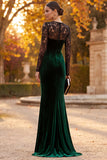 Dark Green Mermaid Velvet Illusion Neck Long Sleeves Maxi Formal Dress with Lace
