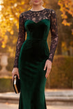 Dark Green Mermaid Velvet Illusion Neck Long Sleeves Maxi Formal Dress with Lace