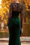 Dark Green Mermaid Velvet Illusion Neck Long Sleeves Maxi Formal Dress with Lace