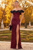 Burgundy Sheath Off the Shoulder Ruffled Sequins Long Formal Dress with Side Slit