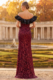 Burgundy Sheath Off the Shoulder Ruffled Sequins Long Formal Dress with Side Slit
