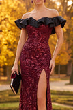 Burgundy Sheath Off the Shoulder Ruffled Sequins Long Formal Dress with Side Slit
