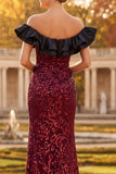 Burgundy Sheath Off the Shoulder Ruffled Sequins Long Formal Dress with Side Slit