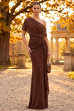 Sparkly Coffee Sheath One Shoulder Ruched Long Formal Dress