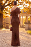 Sparkly Coffee Sheath One Shoulder Ruched Long Formal Dress