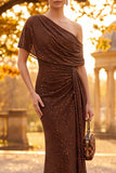 Sparkly Coffee Sheath One Shoulder Ruched Long Formal Dress