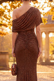 Sparkly Coffee Sheath One Shoulder Ruched Long Formal Dress