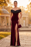 Burgundy Sheath Velvet Off the Shoulder Maxi Formal Dress with Slit