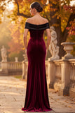 Burgundy Sheath Velvet Off the Shoulder Maxi Formal Dress with Slit