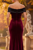 Burgundy Sheath Velvet Off the Shoulder Maxi Formal Dress with Slit