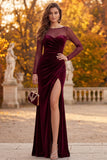 Burgundy Velvet Sheath Illusion Neck Ruched Long Formal Dress with Side Slit