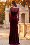 Burgundy Velvet Sheath Illusion Neck Ruched Long Formal Dress with Side Slit
