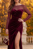 Burgundy Velvet Sheath Illusion Neck Ruched Long Formal Dress with Side Slit