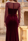 Burgundy Velvet Sheath Illusion Neck Ruched Long Formal Dress with Side Slit