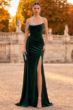 Dark Green Sheath Velvet One Shoulder Ruched Rhinestones Maxi Formal Dress