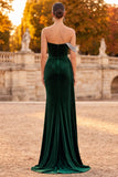Dark Green Sheath Velvet One Shoulder Ruched Rhinestones Maxi Formal Dress