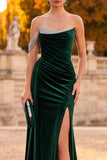 Dark Green Sheath Velvet One Shoulder Ruched Rhinestones Maxi Formal Dress