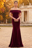 Burgundy Mermaid Velvet Off the Shoulder Maxi Formal Dress