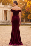Burgundy Mermaid Velvet Off the Shoulder Maxi Formal Dress