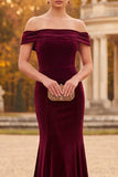 Burgundy Mermaid Velvet Off the Shoulder Maxi Formal Dress