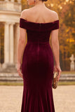 Burgundy Mermaid Velvet Off the Shoulder Maxi Formal Dress
