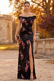 Black Off the Shoulder Velvet Ruched Maxi Formal Dress with Side Slit