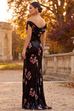 Black Off the Shoulder Velvet Ruched Maxi Formal Dress with Side Slit