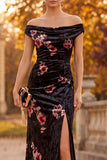 Black Off the Shoulder Velvet Ruched Maxi Formal Dress with Side Slit