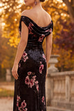 Black Off the Shoulder Velvet Ruched Maxi Formal Dress with Side Slit