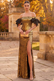 Golden Off the Shoulder Sheath Sequins Maxi Formal Dress with Bow