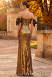 Golden Off the Shoulder Sheath Sequins Maxi Formal Dress with Bow