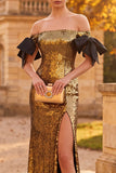 Golden Off the Shoulder Sheath Sequins Maxi Formal Dress with Bow