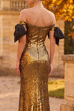 Golden Off the Shoulder Sheath Sequins Maxi Formal Dress with Bow
