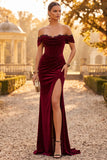 Burgundy Mermaid Velvet Corset Off the Shoulder Lace Ruched Maxi Formal Dress with Slit