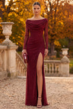 Burgundy Cowl Neck Sheath Long Sleeves Beaded Formal Dress with Side Slit