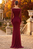 Burgundy Cowl Neck Sheath Long Sleeves Beaded Formal Dress with Side Slit