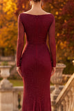 Burgundy Cowl Neck Sheath Long Sleeves Beaded Formal Dress with Side Slit