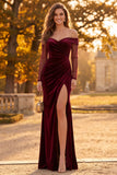 Burgundy Sheath Velvet Off the Shoulder Ruched Long Formal Dress with Slit