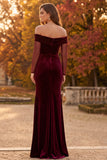 Burgundy Sheath Velvet Off the Shoulder Ruched Long Formal Dress with Slit