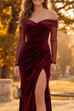 Burgundy Sheath Velvet Off the Shoulder Ruched Long Formal Dress with Slit