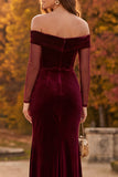 Burgundy Sheath Velvet Off the Shoulder Ruched Long Formal Dress with Slit