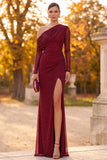 Burgundy One Shoulder Sheath Ruched Beaded Long Formal Dress with Side Slit