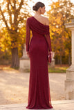 Burgundy One Shoulder Sheath Ruched Beaded Long Formal Dress with Side Slit
